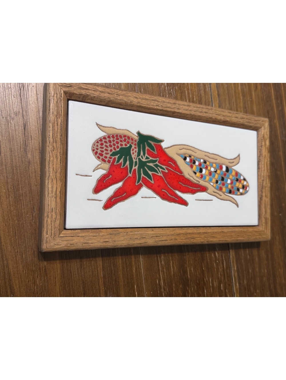 Tecolote of New Mexico Hand Painted Ceramic Tile Corn Chiles Wood Frame 9.25”